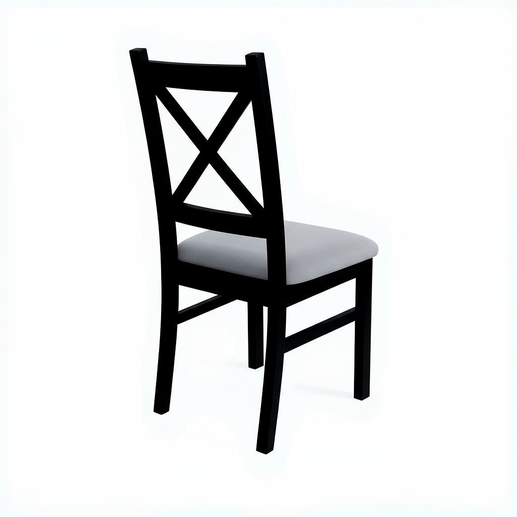 krzyżak tapicerowany – widok z tyłu Czarne krzesło drewniane z oparciem krzyżak i tapicerowanym jasnym siedziskiem widoczne z tyłu.