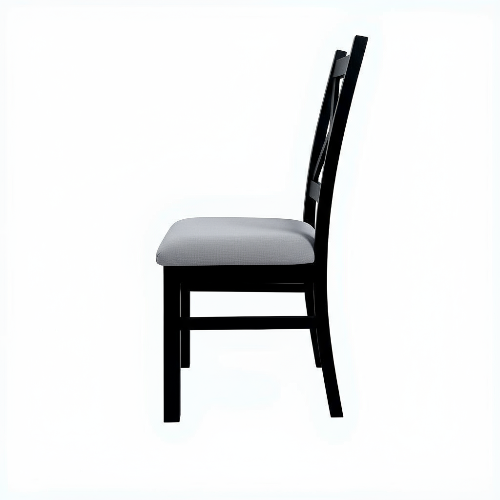 krzyżak tapicerowany – widok z boku Czarne krzesło drewniane z tapicerowanym jasnym siedziskiem, przedstawione z profilu.