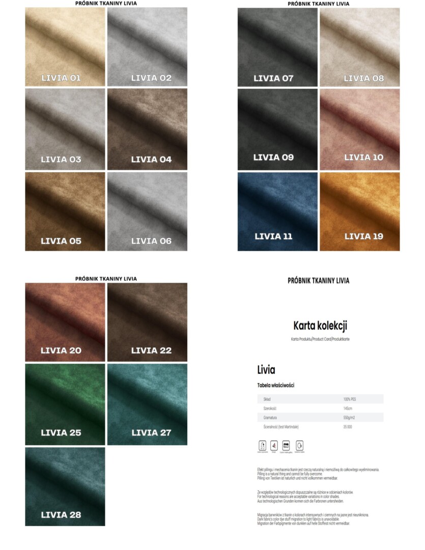 Pełne zestawienie próbników tkaniny Livia Kompletny próbnik tkanin Livia z numeracją kolorów oraz kartą techniczną z prawej strony.