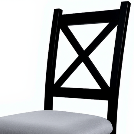 Detal czarnego krzesła krzyżak tapicerowany Zbliżenie na oparcie krzesła krzyżak z jasnym tapicerowanym siedziskiem.