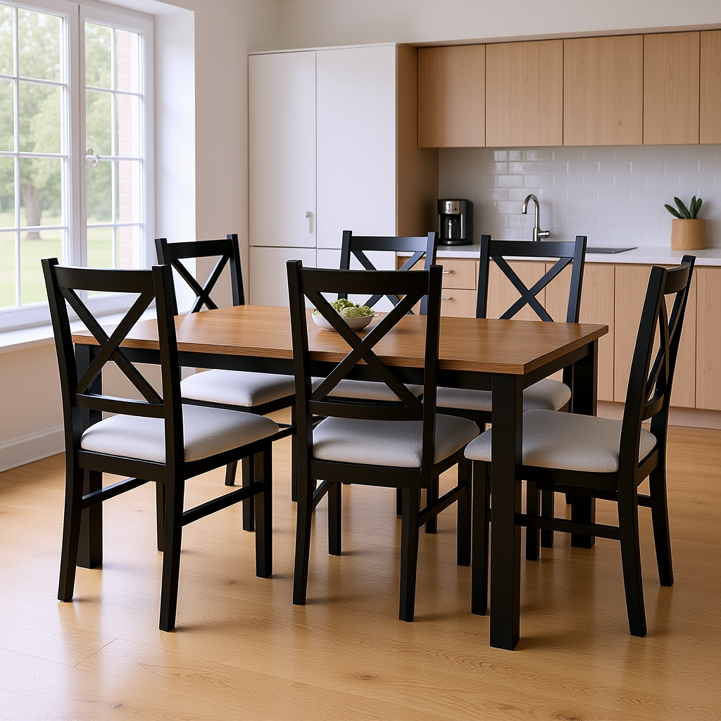 Wizualizacja: czarne krzesła krzyżak tapicerowane w jadalni Zestaw czarnych krzeseł krzyżak tapicerowanych przy drewnianym stole w jasnej, nowoczesnej kuchni.