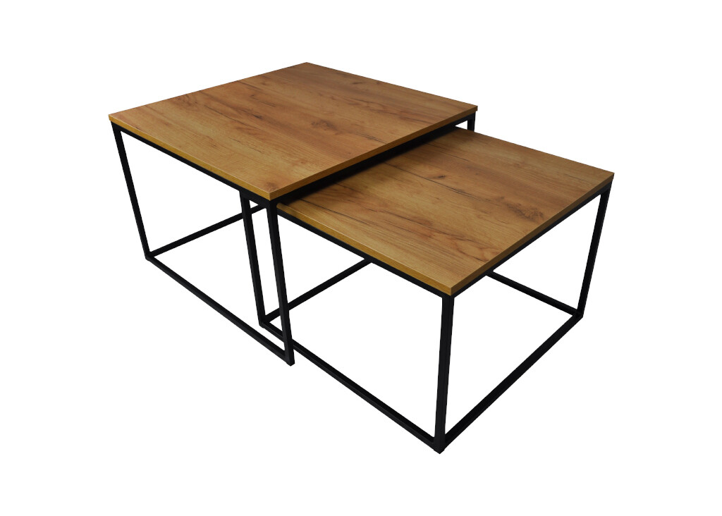 Stolik LOFT 2w1 zdjęcie 1 „Stolik kawowy 2w1 loftowy prostokątny – funkcjonalny zestaw dwóch stolików kawowych z drewnianym laminowanym blatem i czarnymi metalowymi nogami” „Ława kawowa 2w1 do salonu, stolik kawowy loftowy prostokątny z blatami laminowanymi i metalowym stelażem” „Zestaw stolików kawowych 2w1 loft – prostokątne stoliki kawowe z drewnianym blatem 16 mm i metalowymi nogami, nowoczesny design”