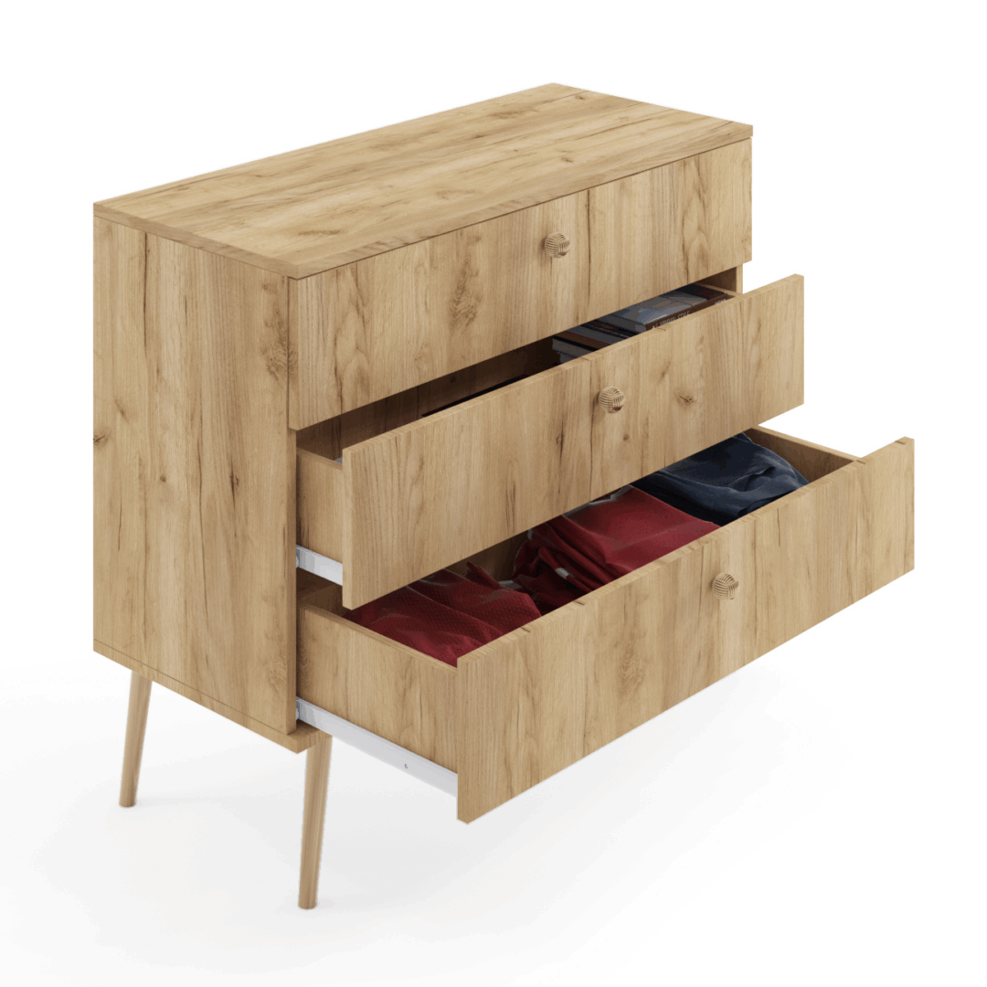 Komoda boho dąb craft złoty z trzema otwartymi szufladami komoda boho dąb craft złoty z trzema otwartymi szufladami na drewnianych nogach