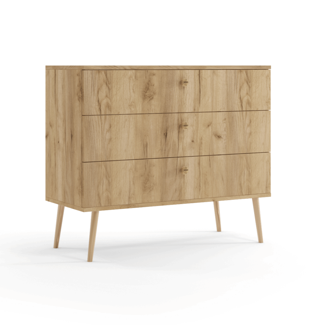 Komoda boho dąb craft złoty z trzema szufladami na drewnianych nogach komoda boho dąb craft złoty trzy szuflady na drewnianych nogach minimalistyczny styl