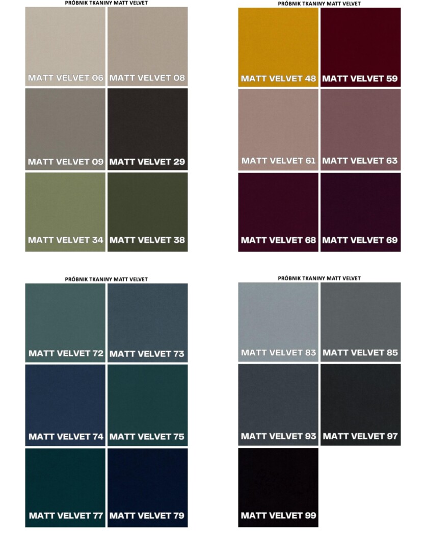 Matt Velvet – wzornik kolorów Próbnik kolorów tkaniny Matt Velvet – 20 wariantów, każdy z wyraźną numeracją.