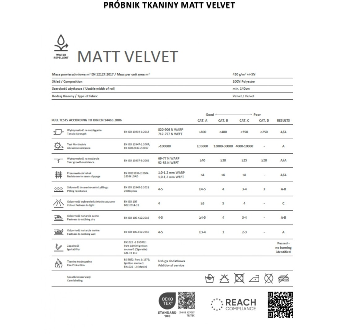 Matt Velvet – karta właściwości i certyfikatów Karta techniczna tkaniny Matt Velvet z pełnymi parametrami i certyfikatami.