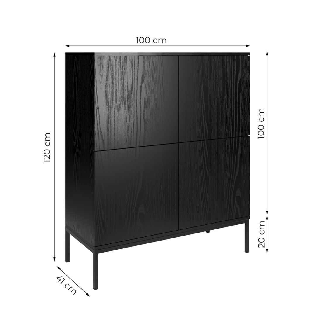 INDUST – komoda loftowa 120 cm z drzwiczkami i metalowymi nogami – wymiary Czarna komoda loftowa INDUST wysoka 120 cm z drzwiczkami i metalowymi nogami – wymiary mebla 120 × 100 × 41 cm.