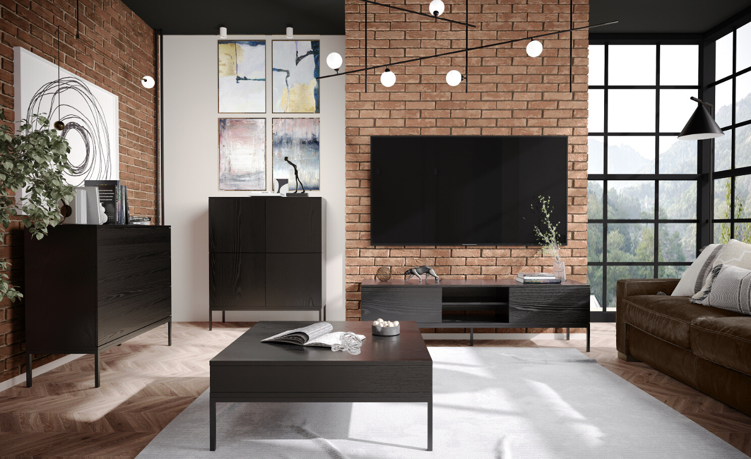 INDUST – aranżacja salonu w stylu loftowym z czarną komodą 120 cm i meblami industrialnymi Aranżacja salonu w stylu loftowym z meblami INDUST – czarna komoda 120 cm, stolik, szafka RTV i komoda z szufladami.