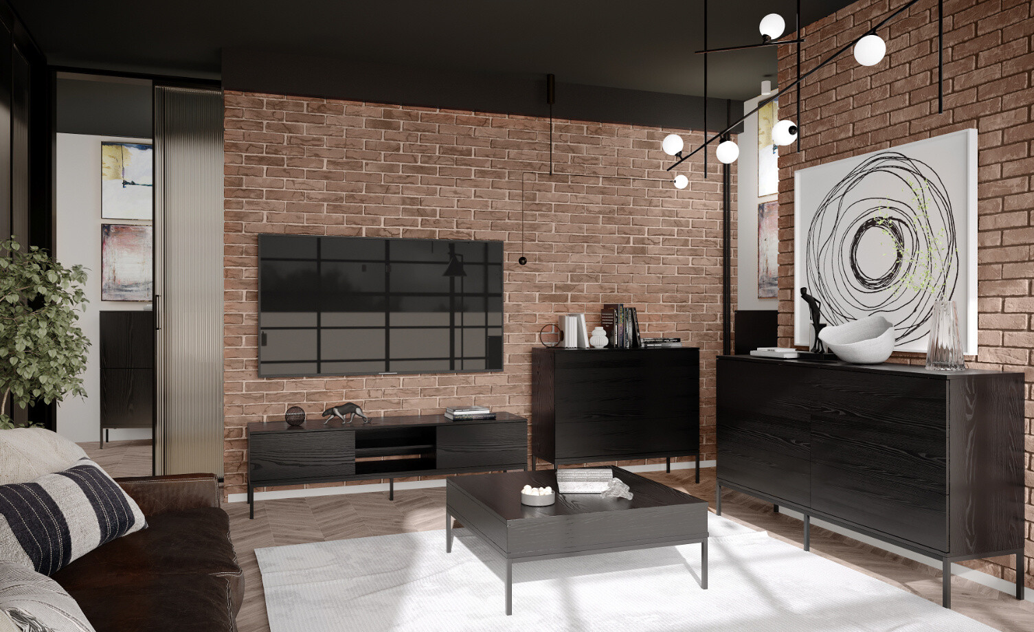 INDUST – aranżacja salonu loftowego z czarną komodą, stolikiem i szafką RTV Aranżacja salonu w stylu industrialnym z meblami z kolekcji INDUST – czarna komoda, stolik kawowy i szafka RTV na metalowych nogach.