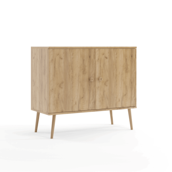 Komoda w dekorze dąb craft na wysokich drewnianych nogach w stylu skandynawskim