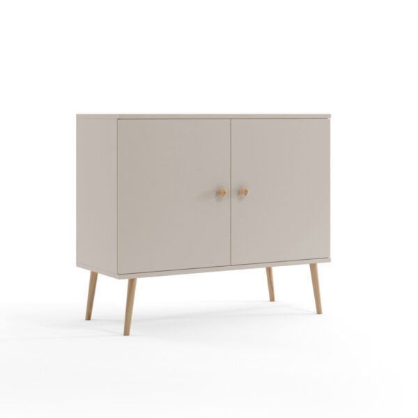 Skandynawska komoda na wysokich, drewnianych nogach w kolorze kaszmir