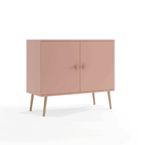 Komoda BOHO w kolorze róż naturalny z dwojgiem drzwiczek na wysokich drewnianych nogach.