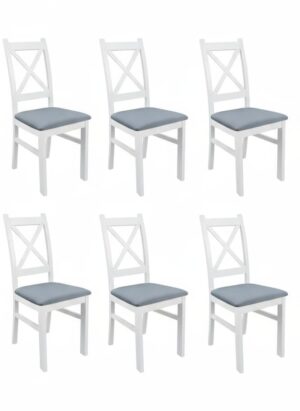 Zestaw sześciu białych krzeseł tapicerowanych z szarym siedziskiem, model Krzyżak z oparciem w kształcie litery X, na białym tle.