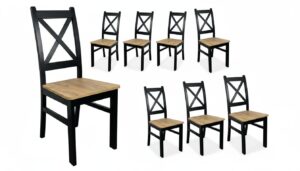 Zestaw ośmiu drewnianych krzeseł w kolorze czarnym z siedziskami w odcieniu dąb kraft złoty, model Krzyżak z oparciem w kształcie litery X.
