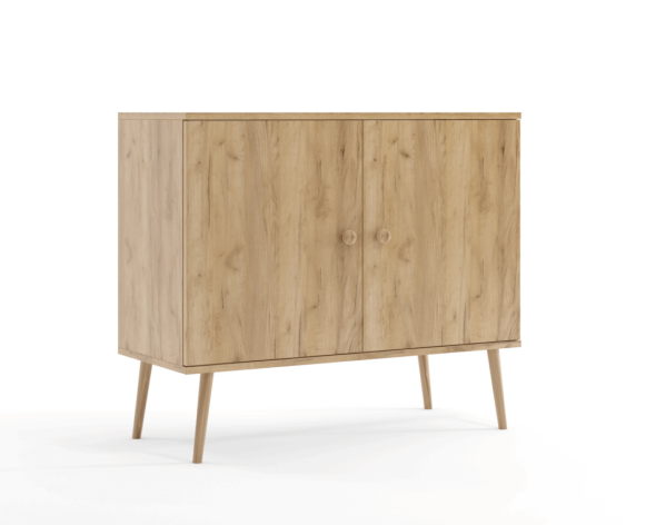 Komoda w dekorze dąb craft na wysokich drewnianych nogach w stylu skandynawskim